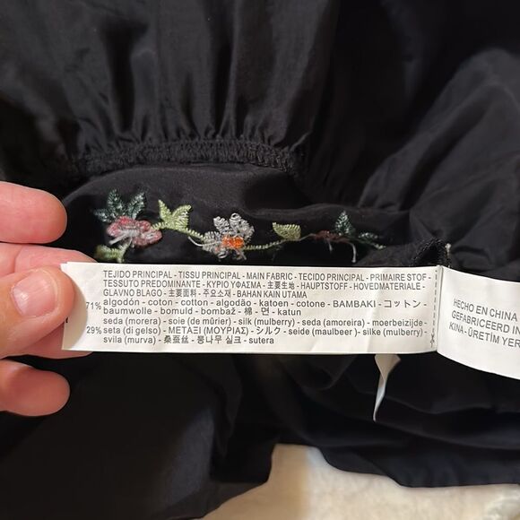 ZARA S Black Multi Floral Embroidered Long Sleeve Cotton Silk Peplum Blouse - Picture 9 of 10